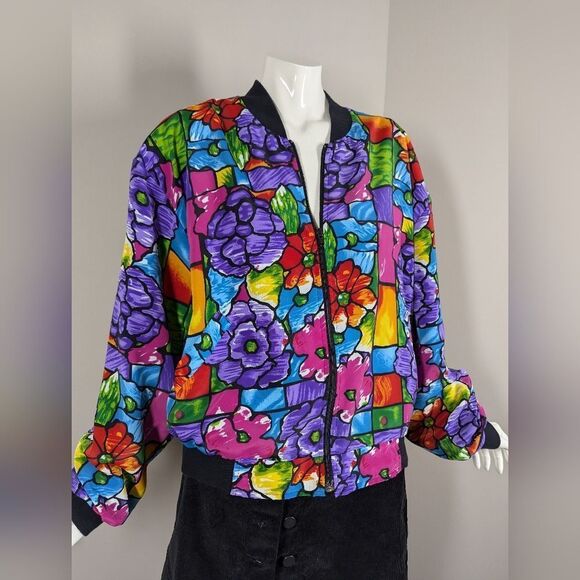 Vintage 90s Floral Bomber Jacket Large Colorblock Poppy Print Zip Up - Picture 3 of 10